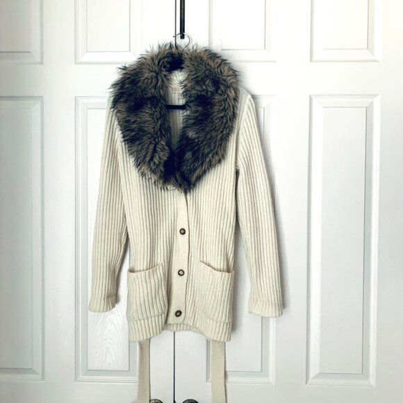 Designer Ribbed Knit Cardigan w/ Detachable Faux Fur Collar & Belt Sz L - Picture 3 of 12